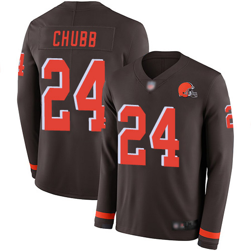 Cleveland Browns Nick Chubb Men Brown Limited Jersey 24 NFL Football Therma Long Sleeve